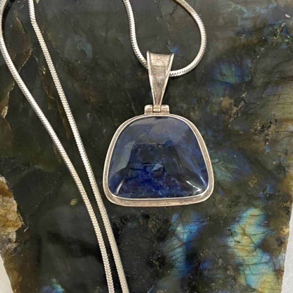 Sterling Silver 925 1.66" Sodalite Hinged Pendant Necklace 18" Snake Chain 24g